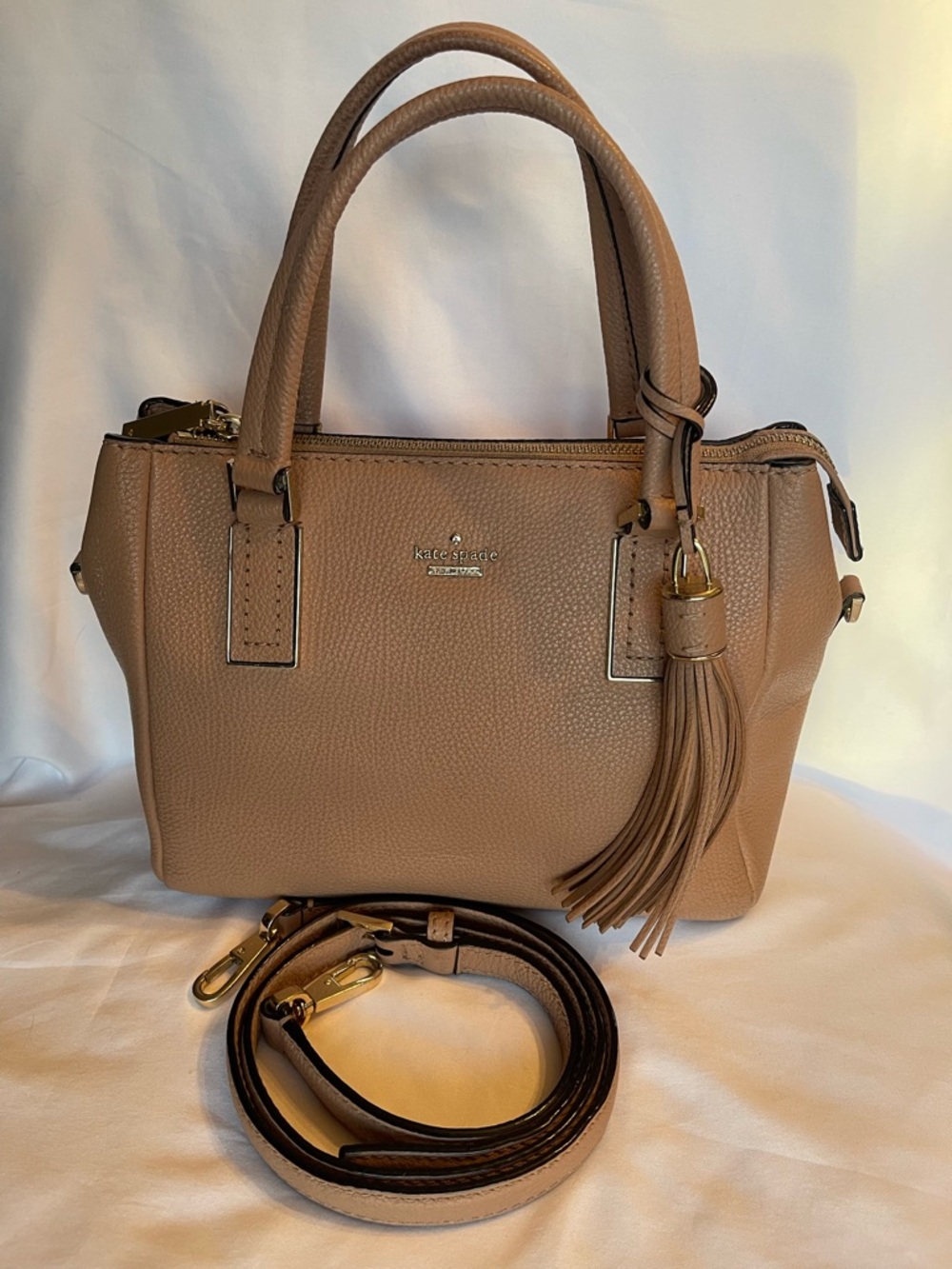kate spade Tan Pebbled Leather Satchel with Tassel and Detachable Strap